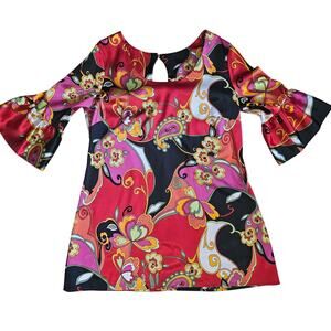 Boho Satin Paisley Tunic Top | Bell Sleeve Retro Print Blouse | Size M